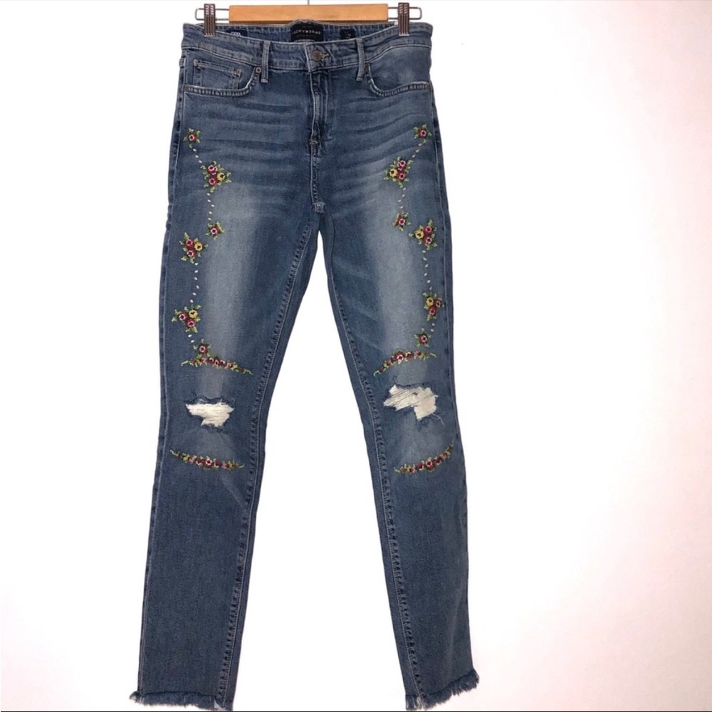 Lucky Brand Flower Embroidered Ripped Ankle Jeans